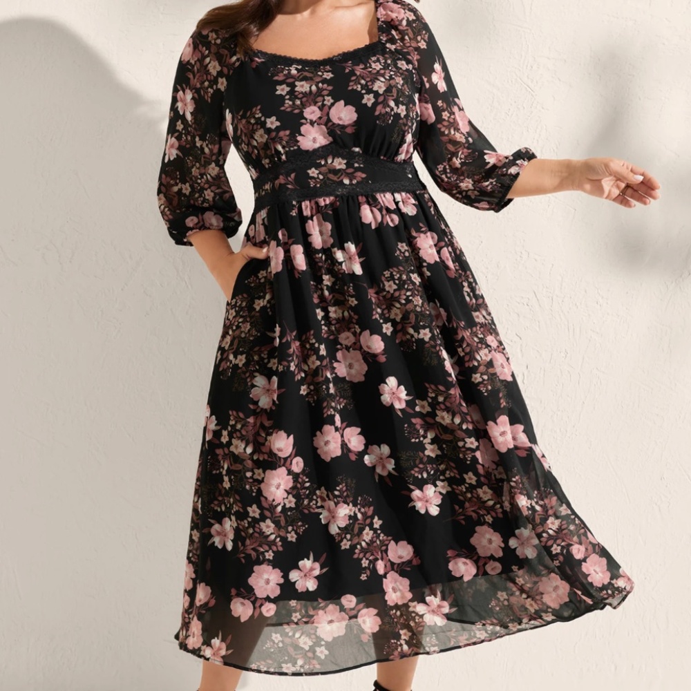 Chiffon Floral Print Lace Trim Midi Dress
